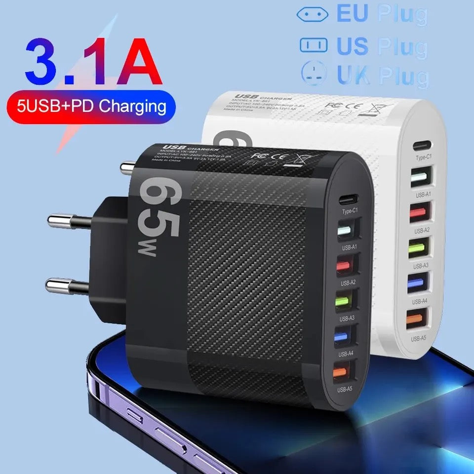 6-in-1 Power Adapter 65w Fast Charging Travel Adapter