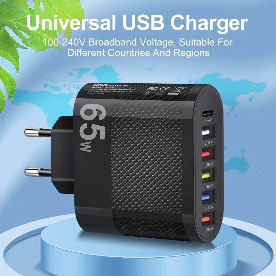 6-in-1 Power Adapter 65w Fast Charging Travel Adapter