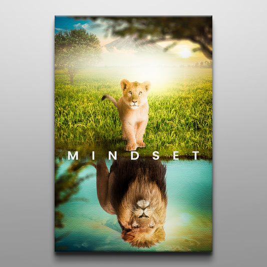 A inspirational poster featuring a lion and a cub in a natural setting with the word 'MINDSET' across the bottom.